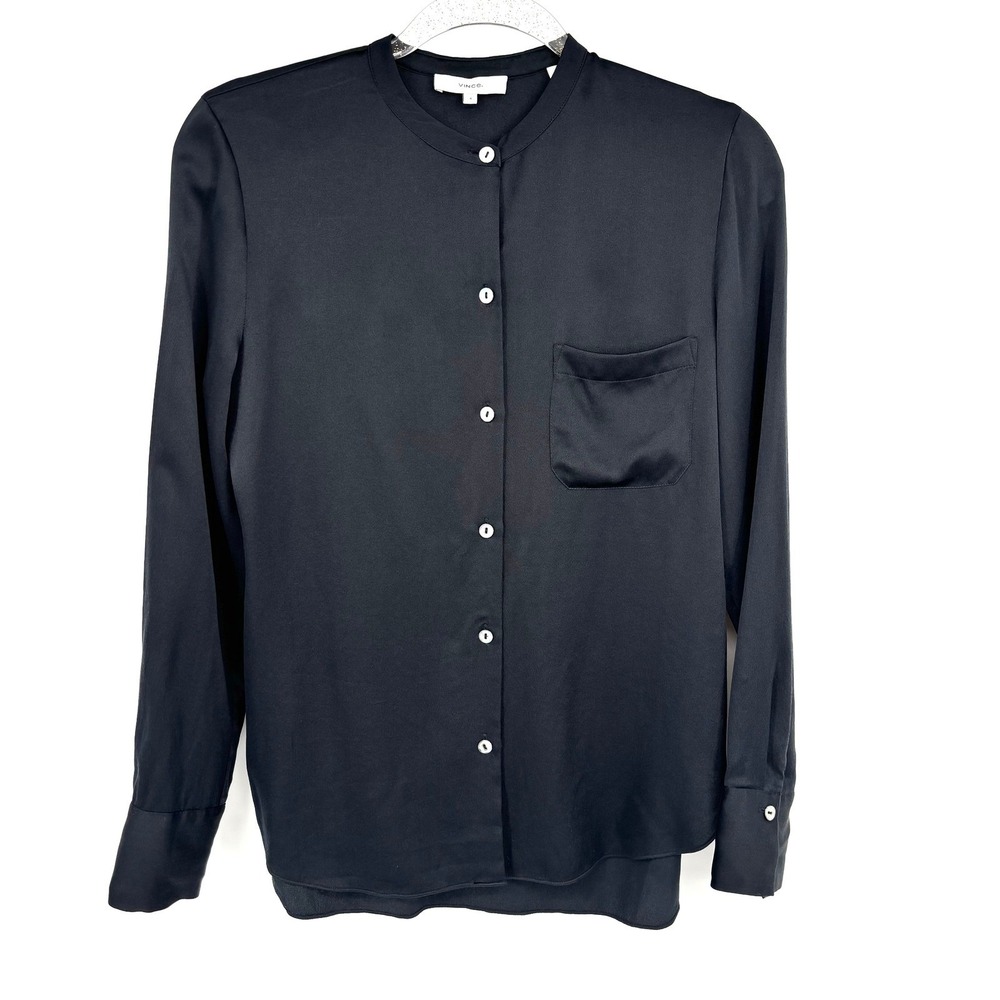 Vince Slim‎ Fit Band Collar Silk Blouse Black Minimalist Capsule Old Money
